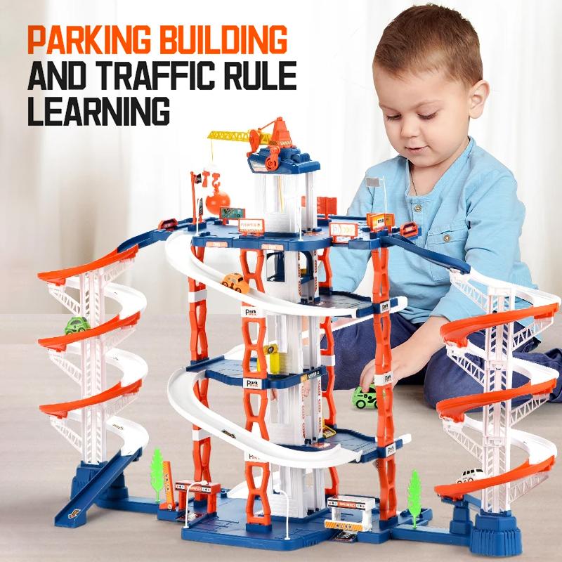 Rail Car City Parking Building Lot Racing Rail Car Toys Children Brain Mechanical Interactive DIY Rail Cars Gifts for Kids Boys