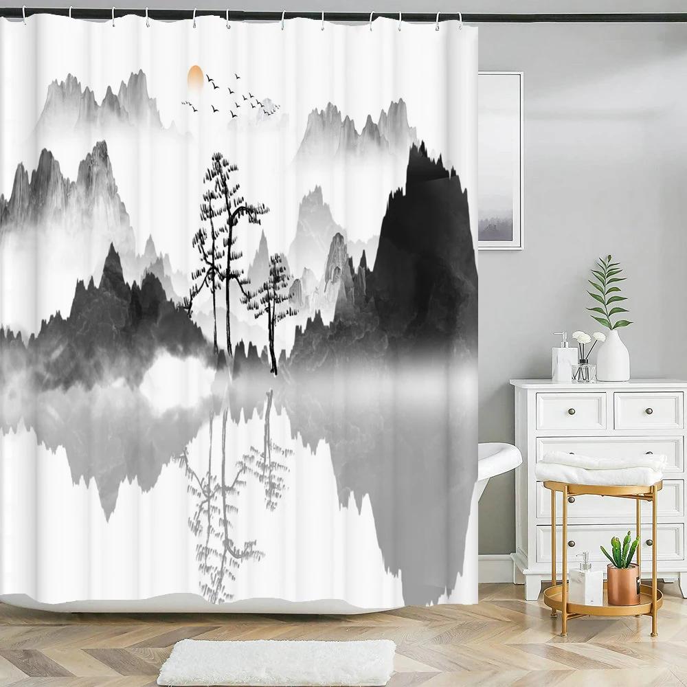 Chinese Ink Painting Landscape Bath Curtain Waterproof Shower Curtains Marble Pattern Bath Screen Printed Curtain for Bathroom