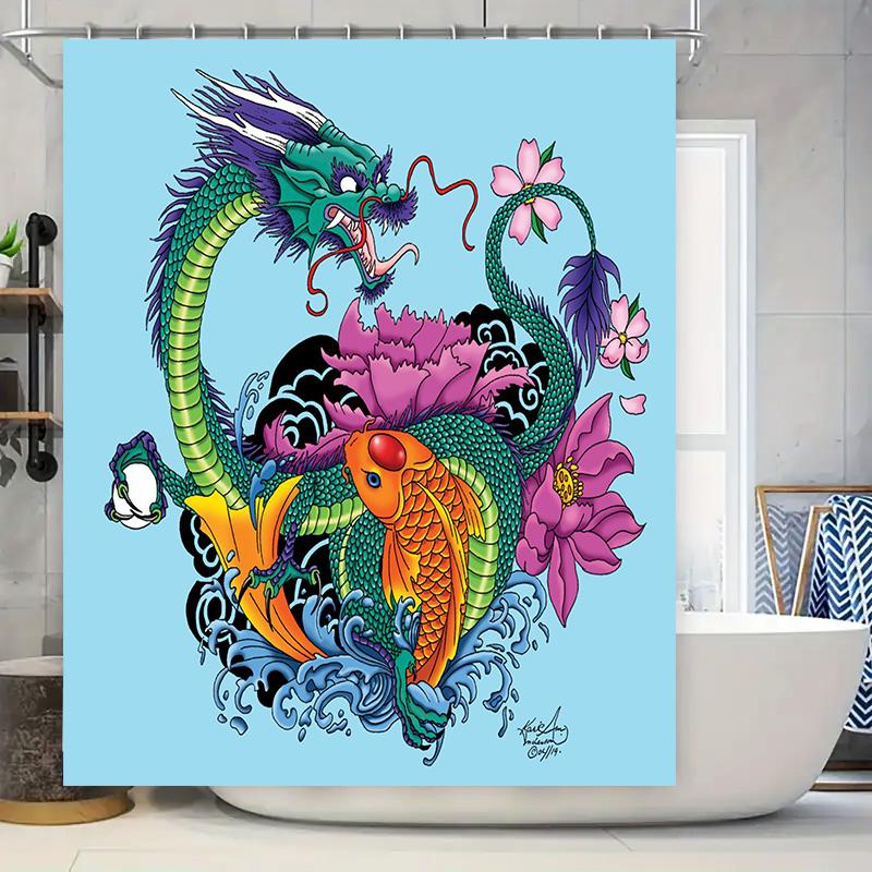 

Colorful Dragon Fish Shower Curtain Home Decor Bathroom Liner Waterfall Print in Pink Orange Flowers with Green Leaves 90x180cm