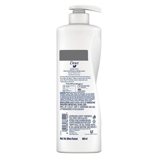 DOVE Body Love Genährte Ausstrahlung Körperlotion für sehr trockene Haut 48 Stunden Feuchtigkeitspflege Parabenfrei mit pflanzlichem Feuchtigkeitsspender Weiche Strahlende Haut 400ml