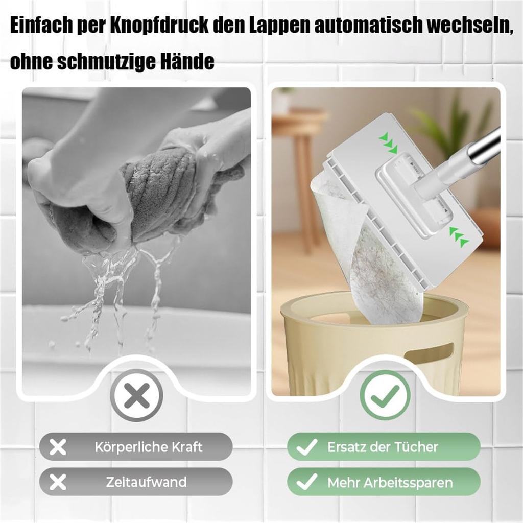 Mopp mit Druckklemmsystem, kein Händewaschen, Ein-Knopf-Wechsel, automatisches Klemmtuch
