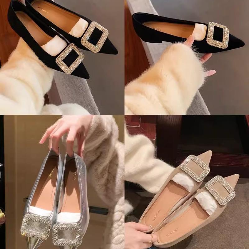 Sheepskin version~ Sparkling rhinestone square buckle pointed head versatile leather shallow mouth flat sole shoes women's ladyshoes