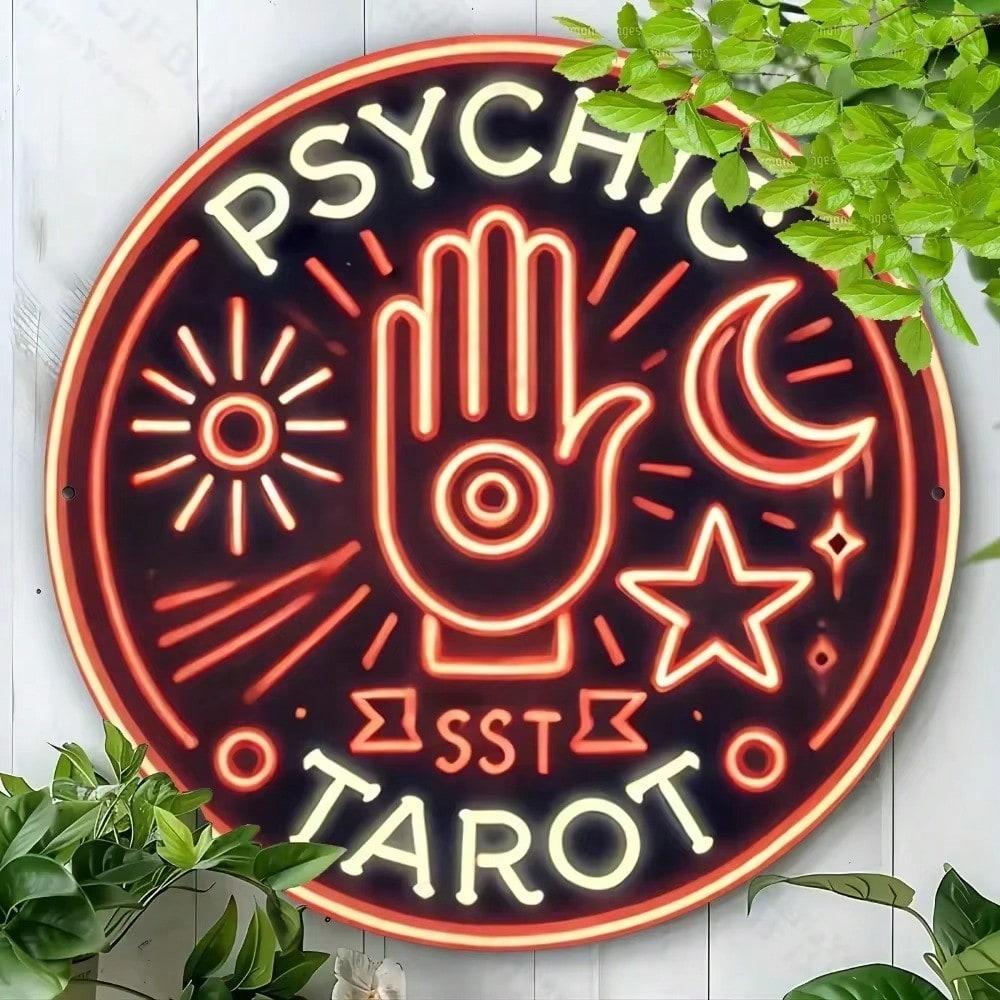 Captivating Psychic Tarot Neon Round Metal Wall Art Durable Aluminum Home Decor Gift LR Bar Outdoor