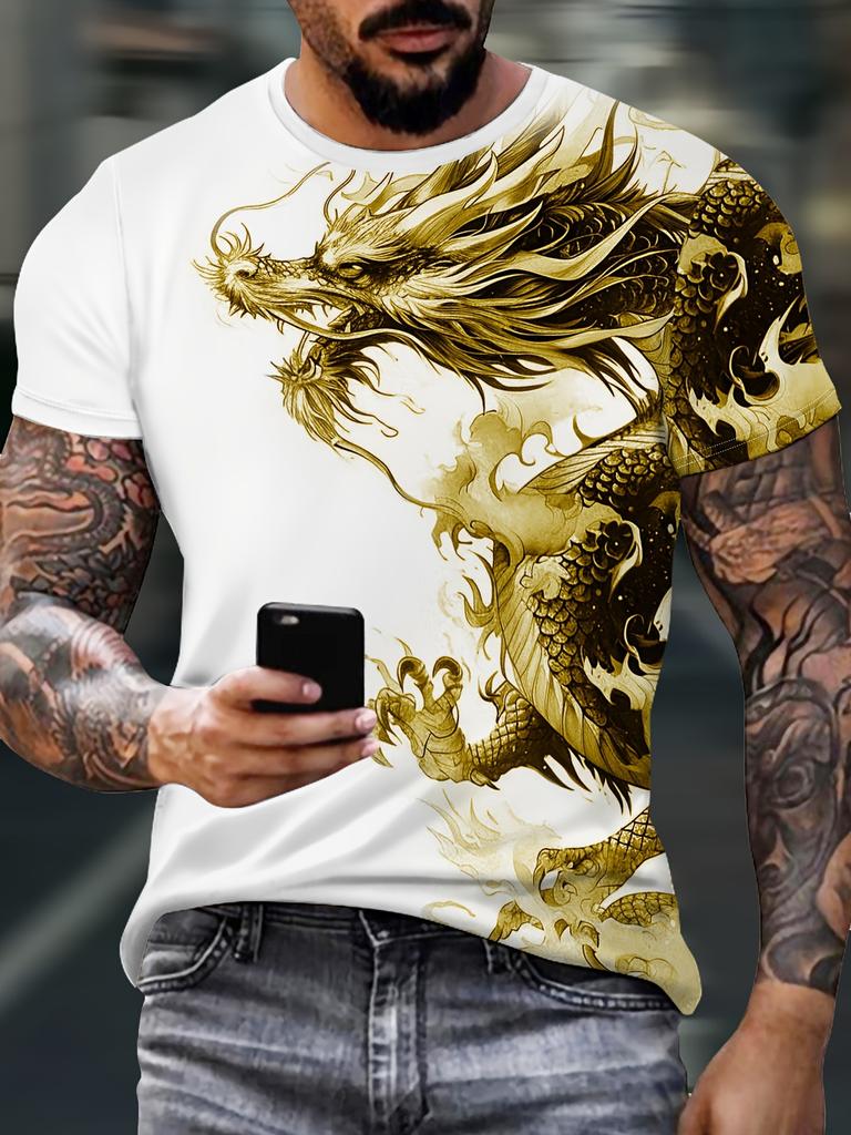 Men's Bold Dragon Graphic Tee - Short Sleeve, Crew Neck, Polyester Blend - Perfect for Summer Outings & Casual Wear