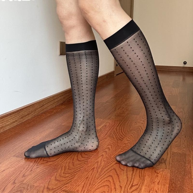 Men's Fashionable Sheer Over the Calf Long Socks Breathable See Through Dot Pattern Dress Suit Socks for Business Wear