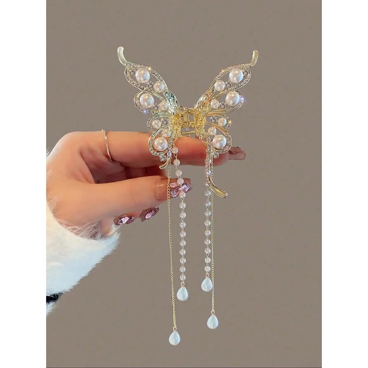 

1 шт. Модные изысканные заколки для волос с кисточкой из искусственного жемчуга и кристаллами в виде бабочек для женщин, девушек, для вечеринок, аксессуары для волос