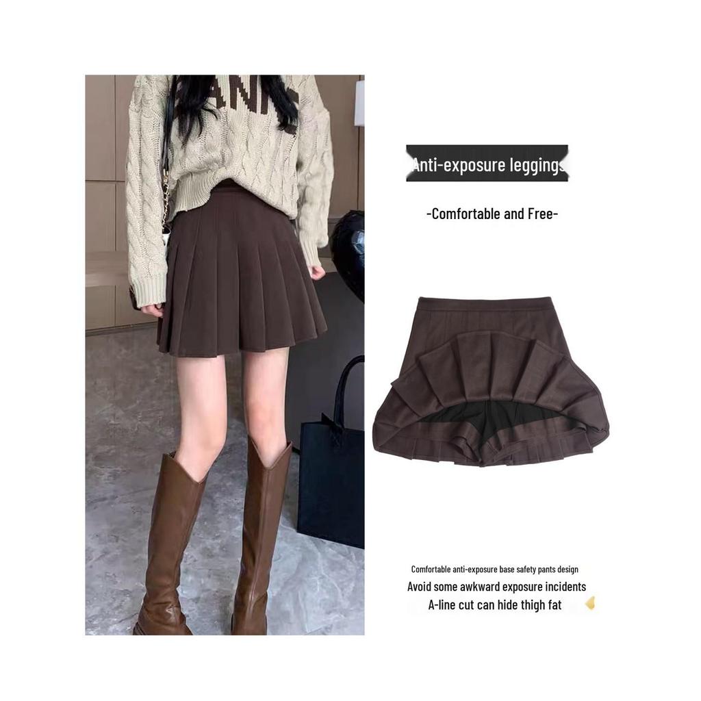 Women's Plus Size Woolen A-Line Pleated Skirt in Khaki - High Waist, Short Length for Spring and Autumn