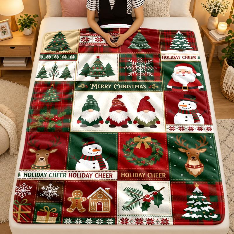 Christmas Theme Flannel Blanket, Warm Soft Throw Blanket, Xmas Holiday Home Gift
