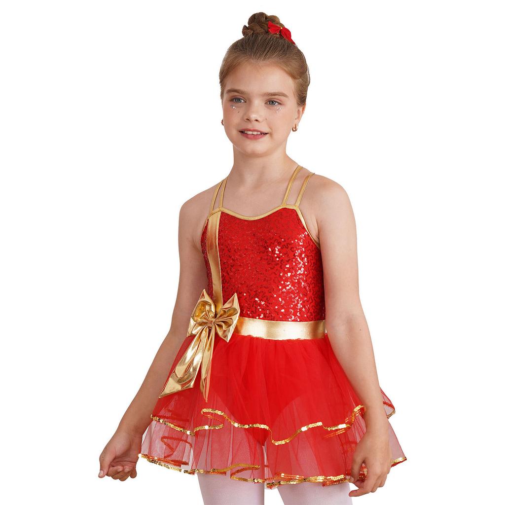 Girls Christmas Dance Dress Double Spaghetti Straps Sleeveless Shiny Sequins Bow Cami Leotard Bodysuit