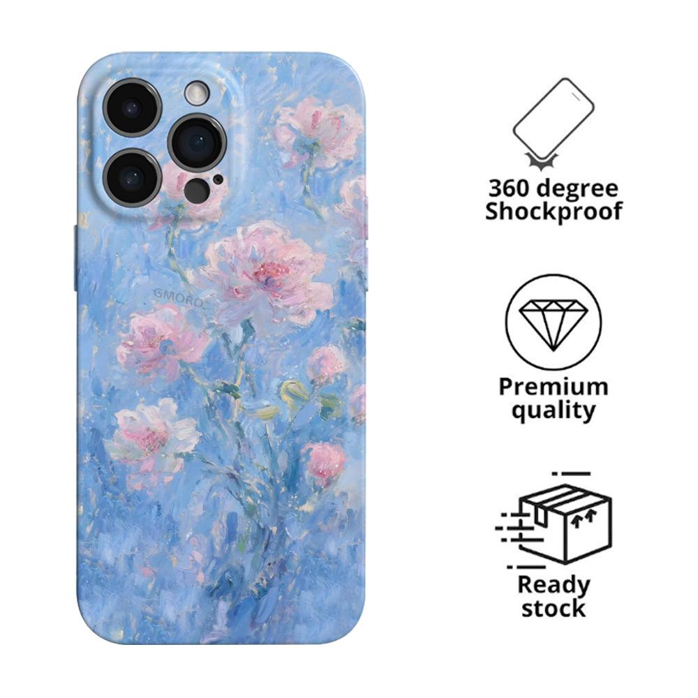 Blue oil painting flower mobile phone case Apple 16promax anti-drop all-inclusive film case iPhone17pm art style