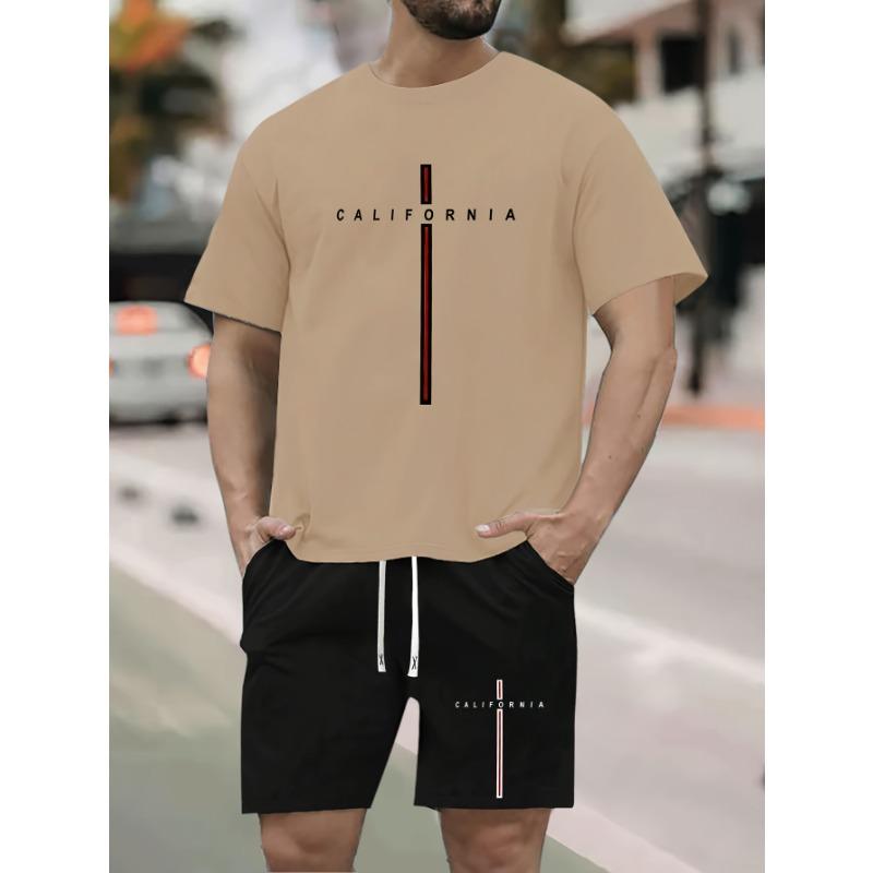 California Letter Print Men's Two Piece Set, Short Sleeve T-shirt & Drawstring Shorts