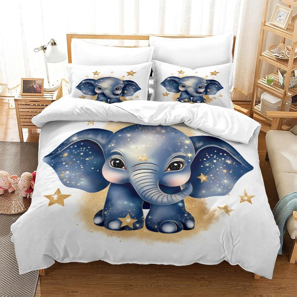 Cute Little Elephant 3D Printed Duvet Cover Set, Microfiber Bedding Set Cover Pillowcasefor Zipper Closure Adults Kids Double