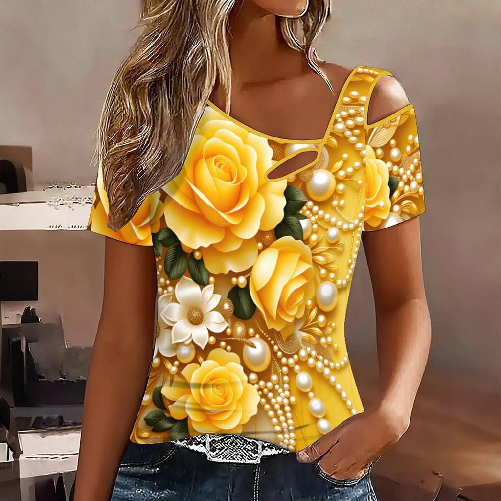 T-shirt da donna a maniche corte con stampa a forma di cuore, spalle scoperte, scollo irregolare con ritaglio, top casual estivo