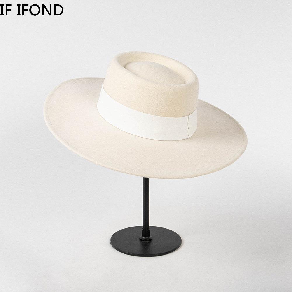 New Winter Warm Wool Fedora Hat  For Women 10CM Wide Brim Ladies Eelegant Wedding Hat Luxury Designer Church Hats