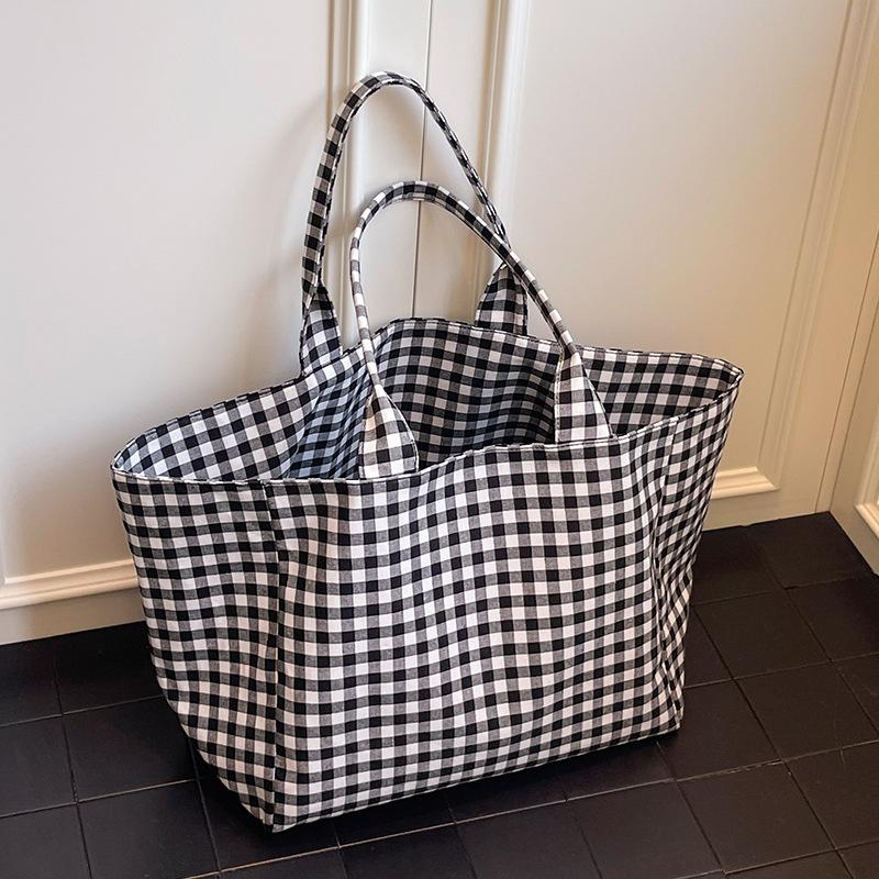 Original Simple Niche Large-capacity Canvas Bag Women's Summer 2025 New Versatile Plaid Handbag Student Tutoring Bag