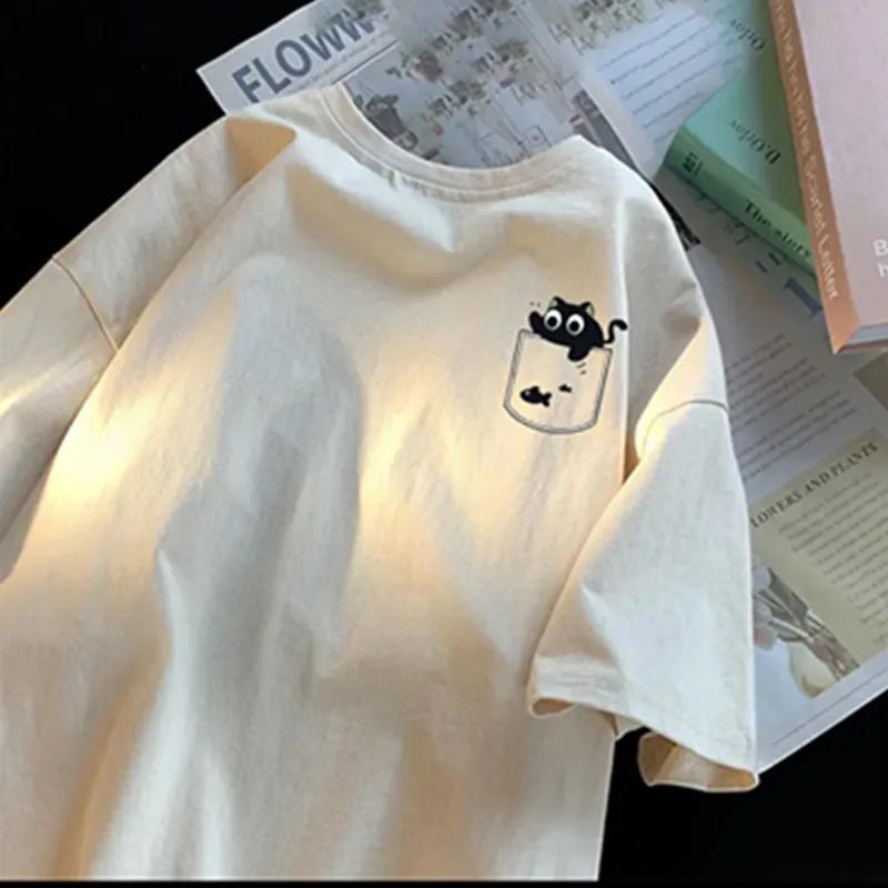 

Милый комплект футболки с черным котом Американская ретро-мода Футболка с принтом черного кота Женская футболка с коротким рукавом Молодежная футболка 4XL