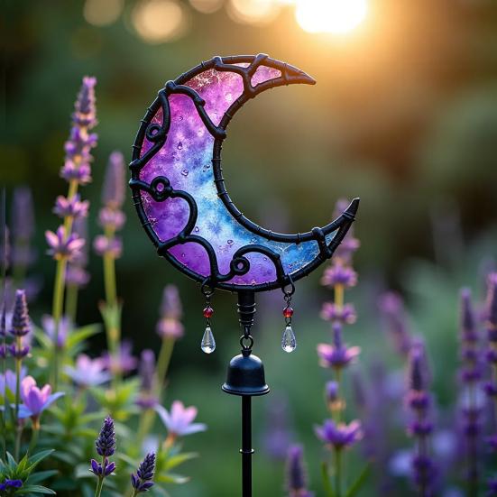 Moon Garden Stake Metal Crescent Design Stake Blue And Purple Moon Decoration for Flower Bed Yard Art