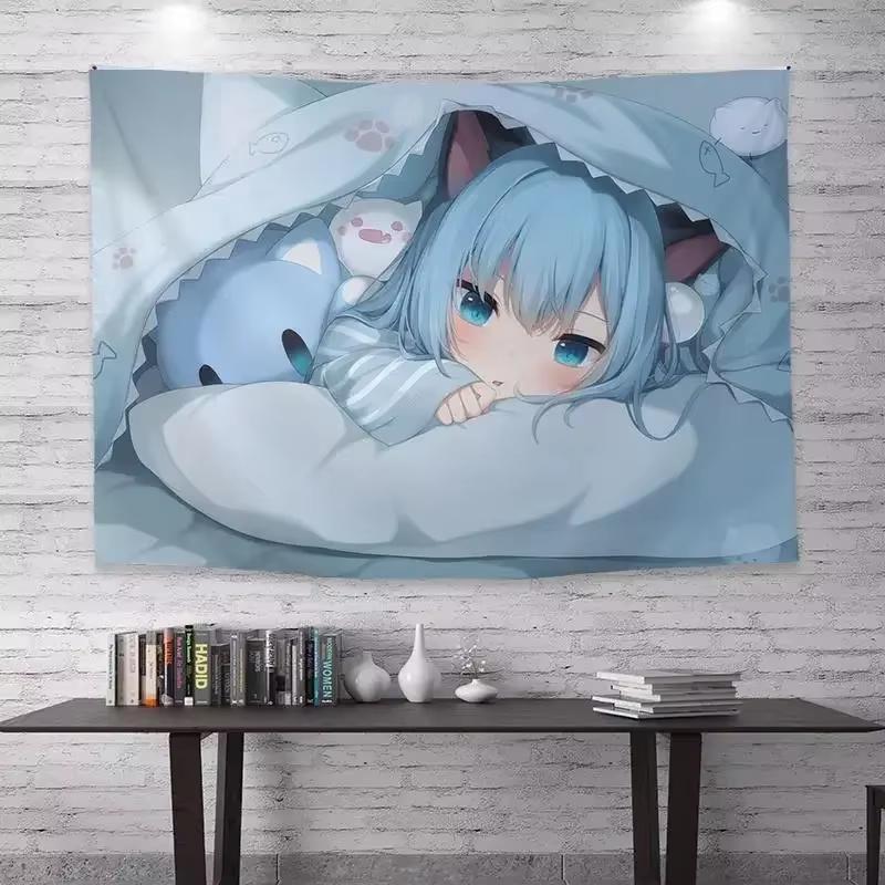 1pc Cute Blue Nekomusume Tapestry Wall Hanging Decor for Bedroom Dorm Party Room Stuff Aesthetic Wall Art Great Gift For Friend