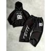 American Style Trendy Printed Hooded Sweatshirt Set, Loose Casual Wide Leg Pants Two Piece Set, Versatile for Men's Daily Street Wear