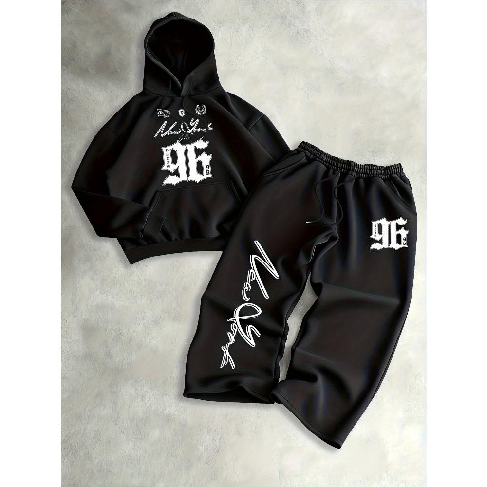 American Style Trendy Printed Hooded Sweatshirt Set, Loose Casual Wide Leg Pants Two Piece Set, Versatile for Men's Daily Street Wear