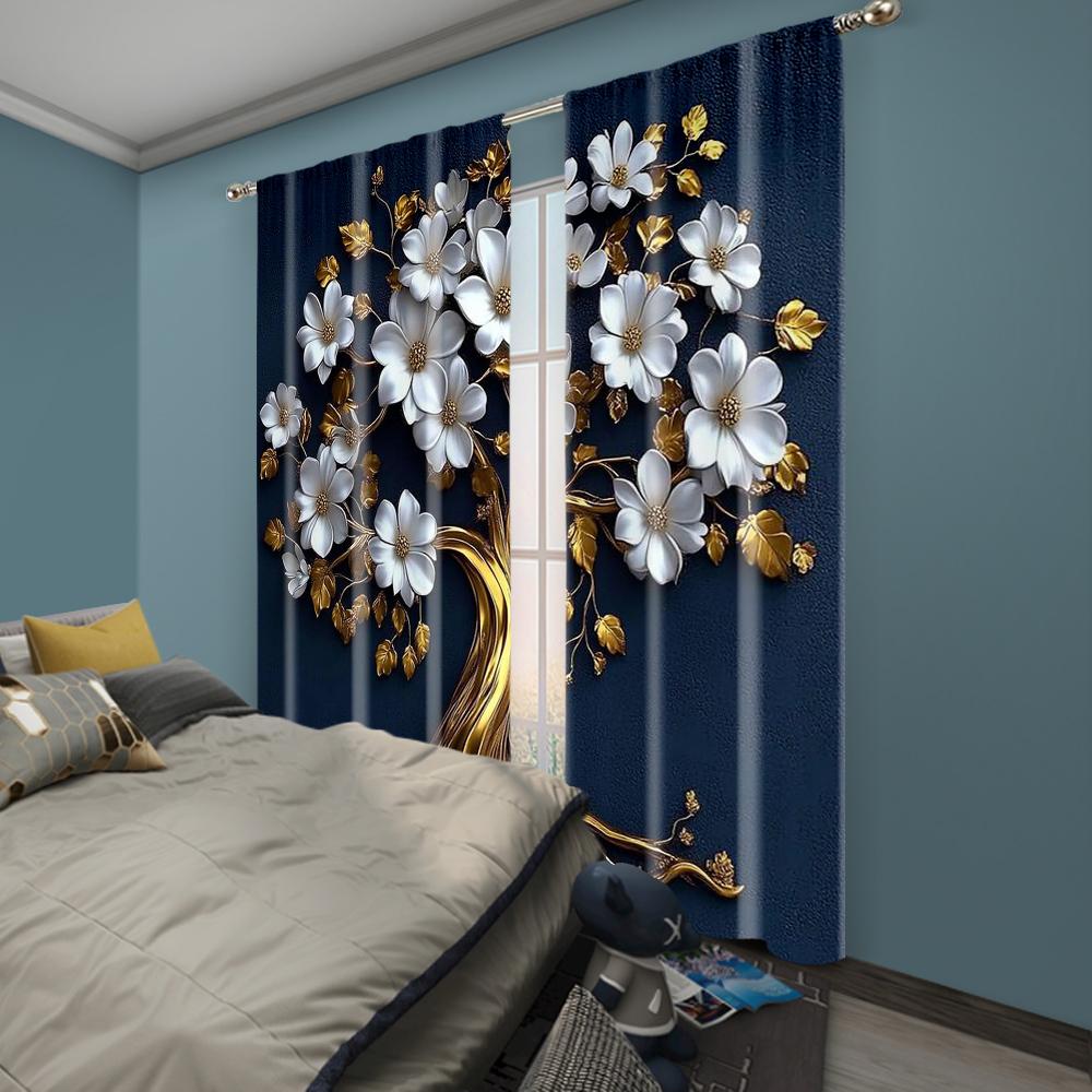 2pc,  Drapes elegant 3d blue & golden tree of life tapestry polyester wall hanging for living room bedroom and home decor Light