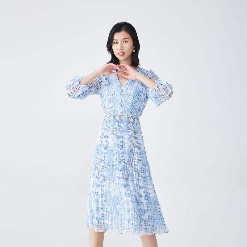 

Obeg Pleated 23 Summer New A- line Printed Dress Baby Blue 160/S/36