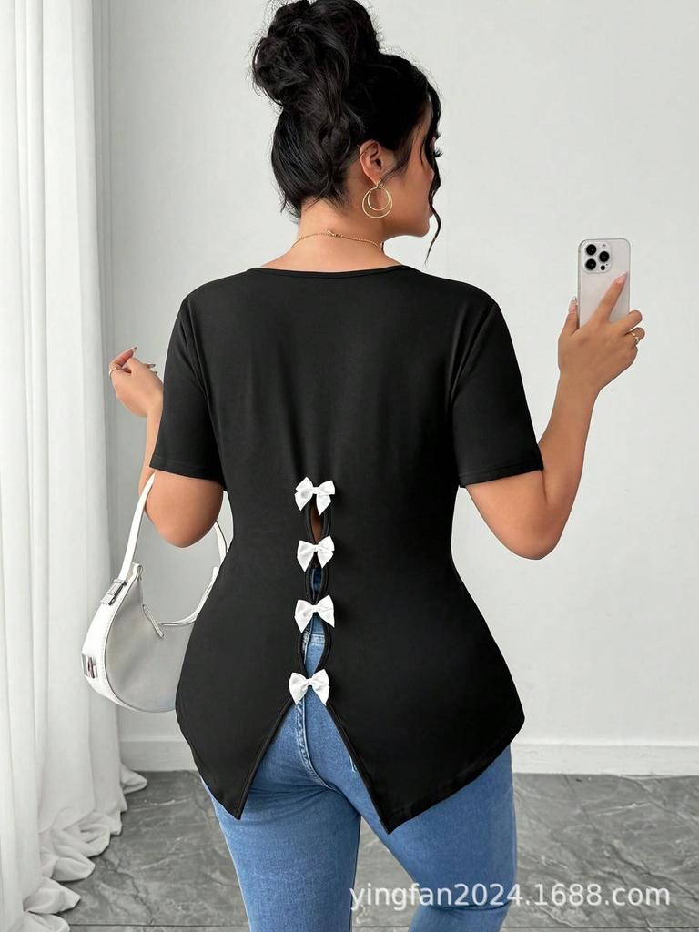 Elegant Plus Size Short Sleeve Slimming T-shirt with Bow Decoration
