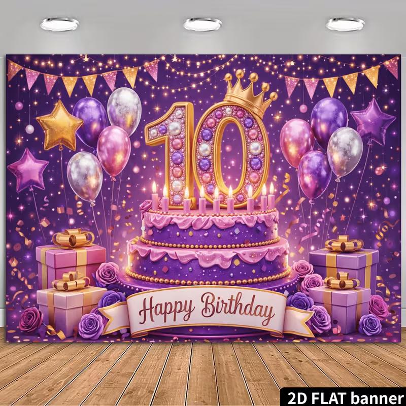 2D Purple and Gold Happy 10th Birthday Backdrop Photography Banner