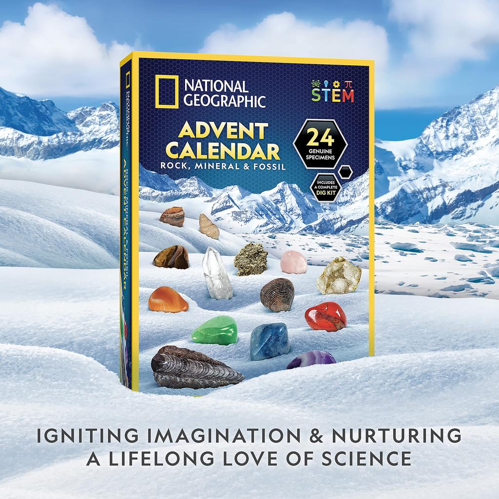 NATIONAL GEOGRAPHIC Stenkollektion 2022 Adventskalender för Barn: 24 ädelstenar/mineraler/fossiler, Ädelstens- och fossiljulnedräkningskalender me