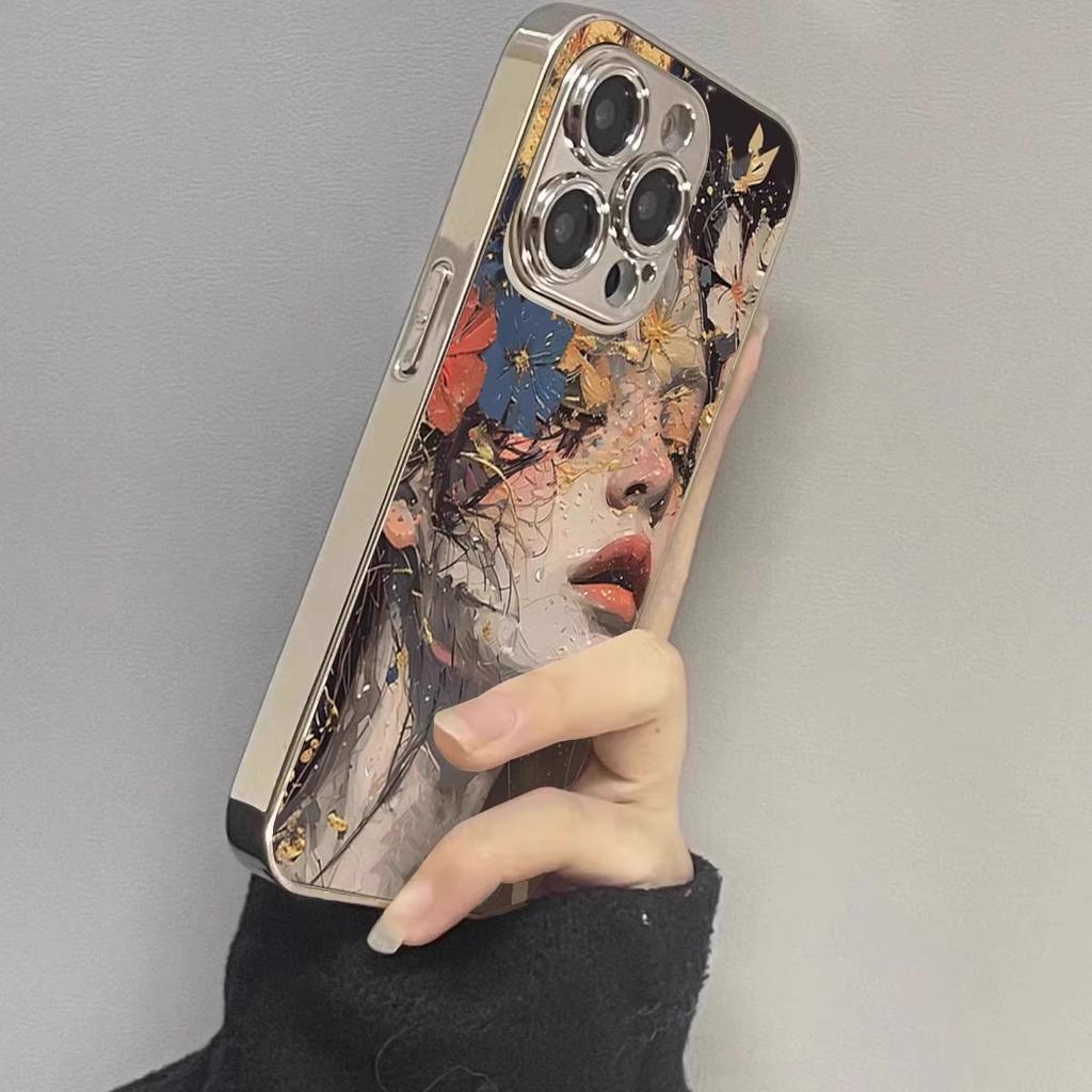 Oil Painting Girl Is Suitable for Apple 16promax Mobile Phone Case, New iPhone Electroplating Protective Case, New Model.