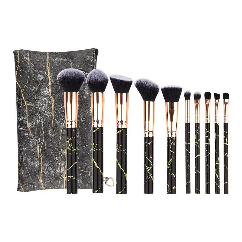 Professional 10pcs Flat Style Kabuki Makeup Brushes Set Natural Gemstone with Marble Handle for Face Use with Storage Case