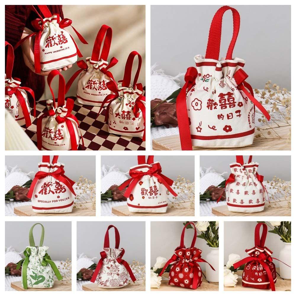 Letter Canvas Drawstring Bag Floral Bowknot Handbag Elegant Festive Sugar Bag Party