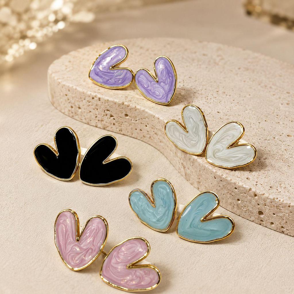 French Heart-Shaped Enamel Dangle Earrings - Stainless Steel, High-End Niche Design, Exquisite Fashion Jewelry