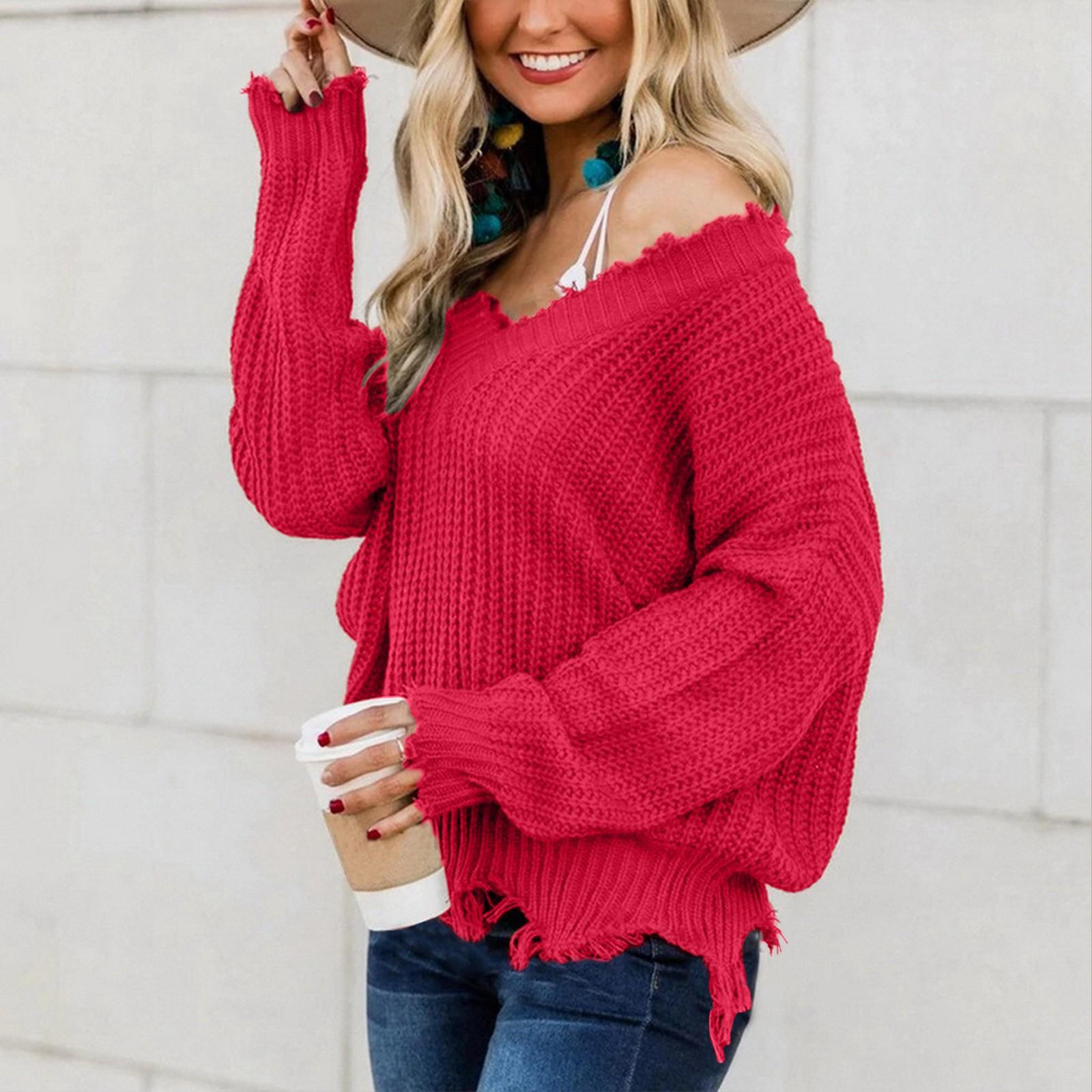 

Женский модный свободный свитер без бретелек с глубоким v-образным вырезом и нерегулярной бахромой, индивидуальный свитер XL красный