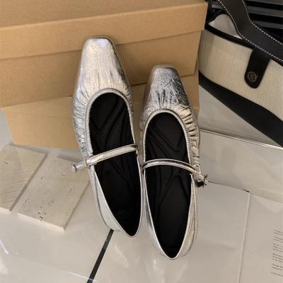 Silver Single Shoes Female Spring and Autumn New Soft Leather Gentle Fairy Style Temperament French Evening Shoes Flat Mary Jane Shoes