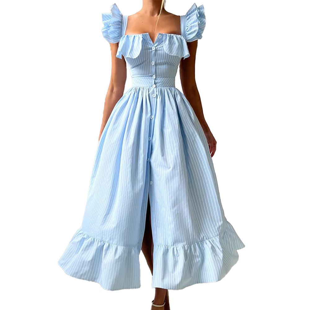 Striped dress European and American summer new button cardigan waist long dress flying sleeve dress women