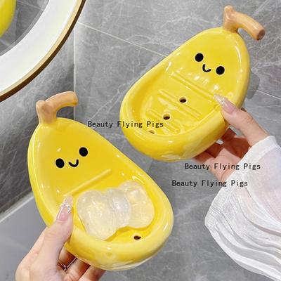 1pc Ceramic Banana Soap Box Bathroom Accessories Household Drain Soap Dish Washbasin Storage Rack Fruit Shape Bathroom Supplies