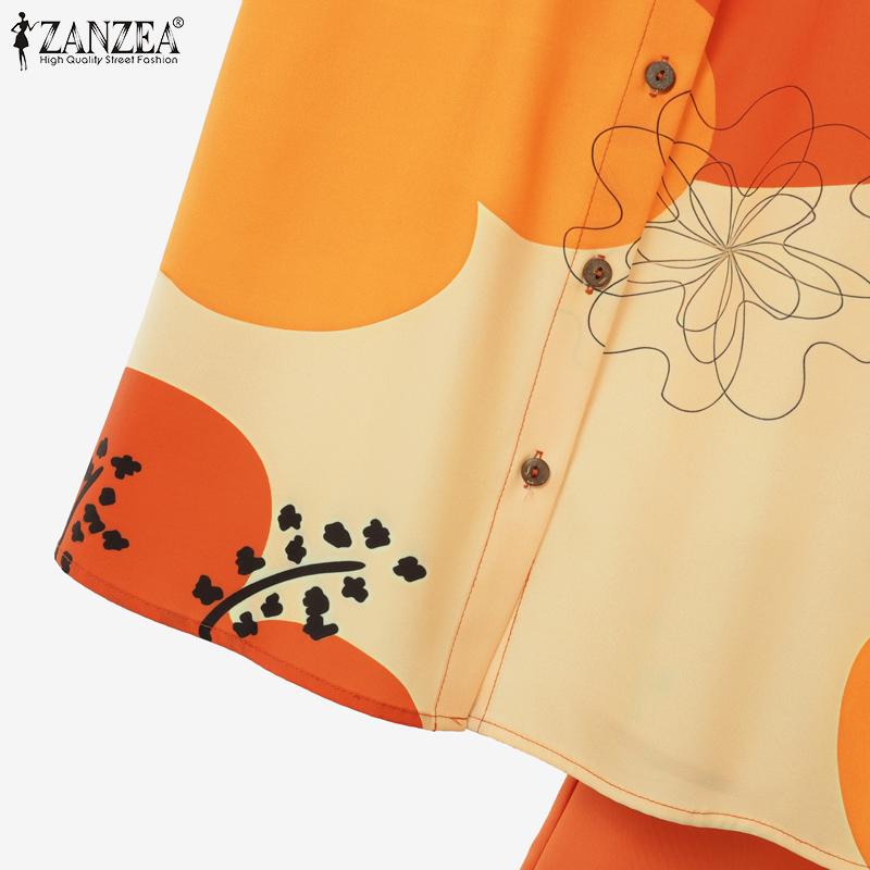 ZANZEA Women Short Sleeve Print Blouse and Pants Summer Two Piece Suit Sets
