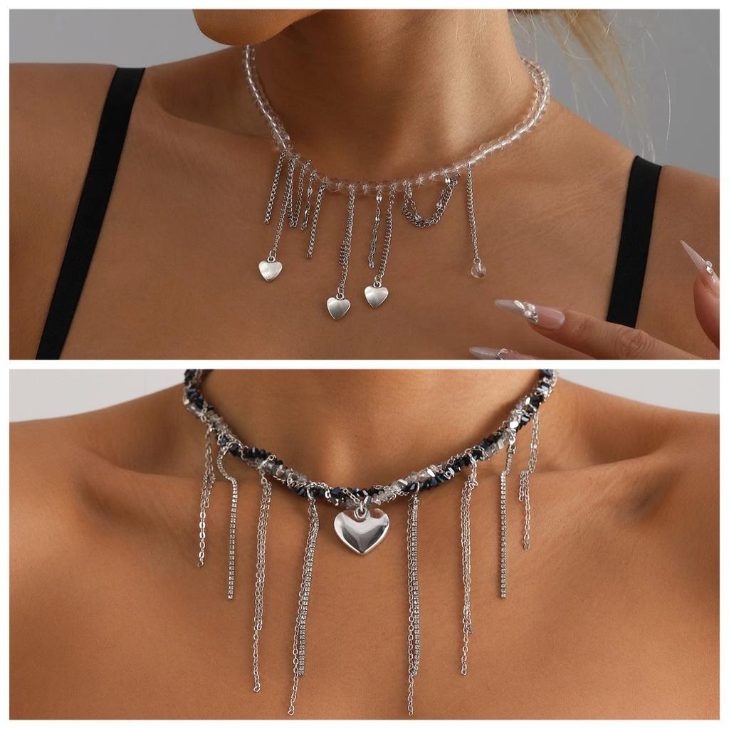 Y2K Heart Beaded Necklace Women Boho Irregular Crystal Class Gravel Clavicle Chain Cool Y2K Choker Exquisite Fashion Jewelry
