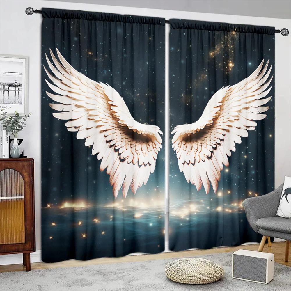 2pcs HD Digital Printed Curtains Living Room Bedroom Rod Pocket Curtains Colorful Angel Wings Print Curtain For Bedroom Window