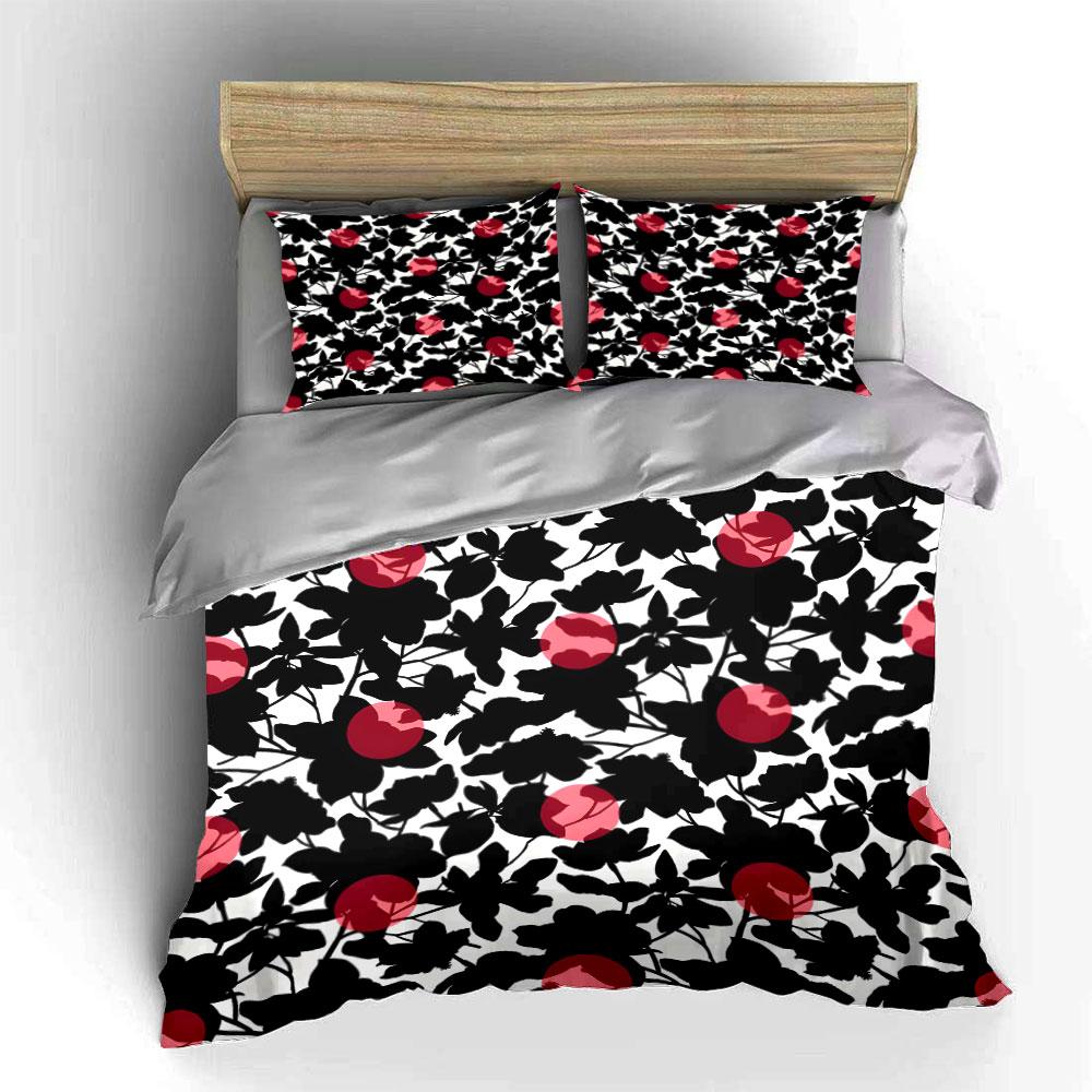 Abstract Red Flowers and Black Leaves Pattern Print Bedding Set 1 Duvet Cover 2 Pillowcases for Adult and Children Luxury Gift