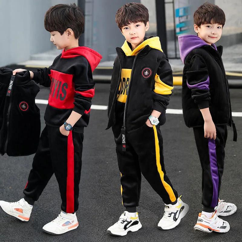 Children Fleece-Lined Thickened Boys Suit Three-Piece Set Trendy Autumn/Winter Outfit For Mid To Large Children