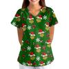 Women's Christmas Print V-Neck Short Sleeve Scrub Top with Pockets, Loose Fit Caregiver