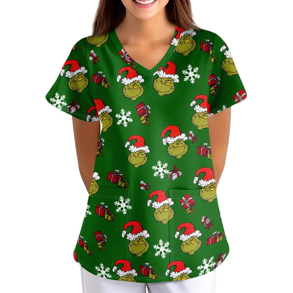 Women's Christmas Print V-Neck Short Sleeve Scrub Top with Pockets, Loose Fit Caregiver