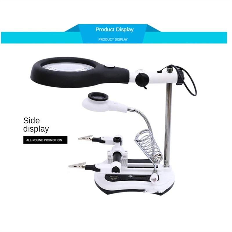 ABWR-Clip-On Auxiliary Magnifier With Three-In-One Welding Function, 4 Lenses& 18 LED Lights Soldering Iron Stand EU Plug
