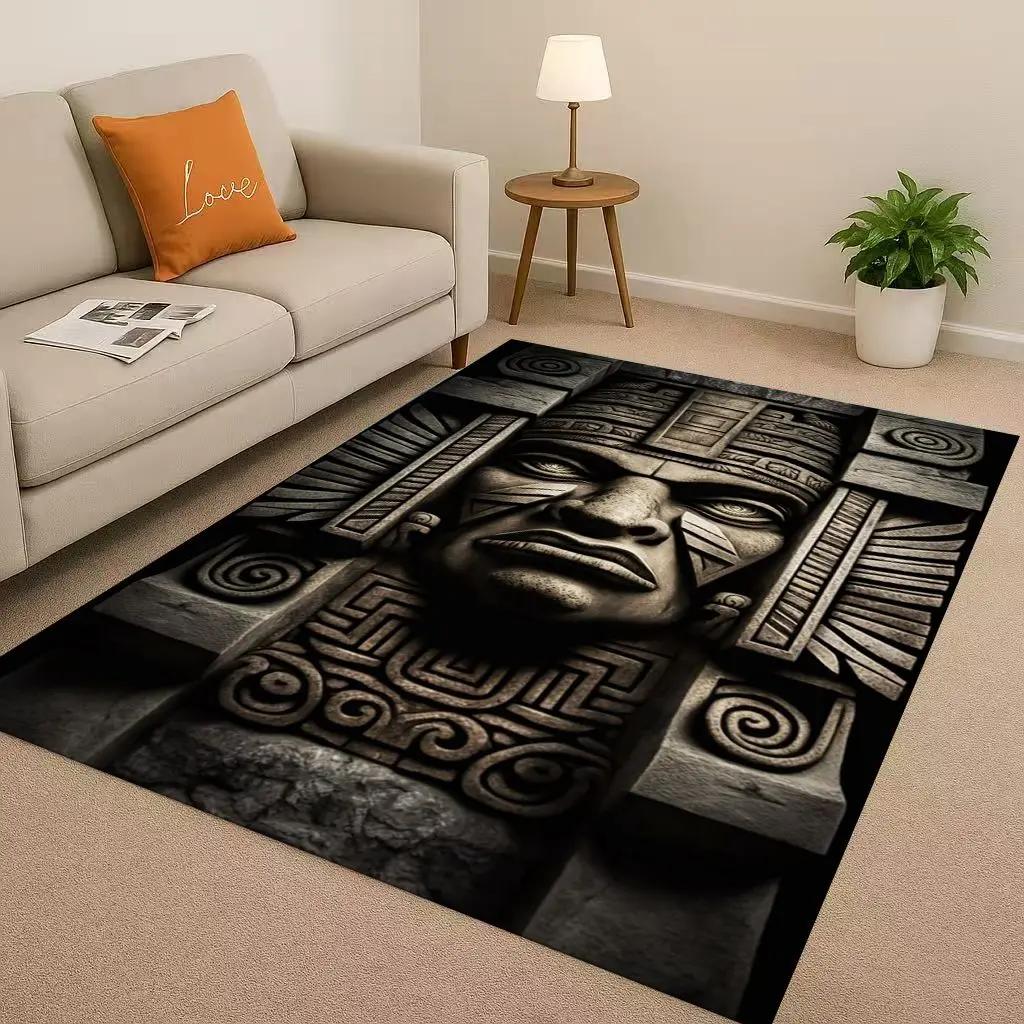 Retro Aztec Totem Maya Mask Sun God Living Room Non-Slip Area Rug Soft Carpet For Bedroom Sofa , Easy Clean Home Doormat Playmat