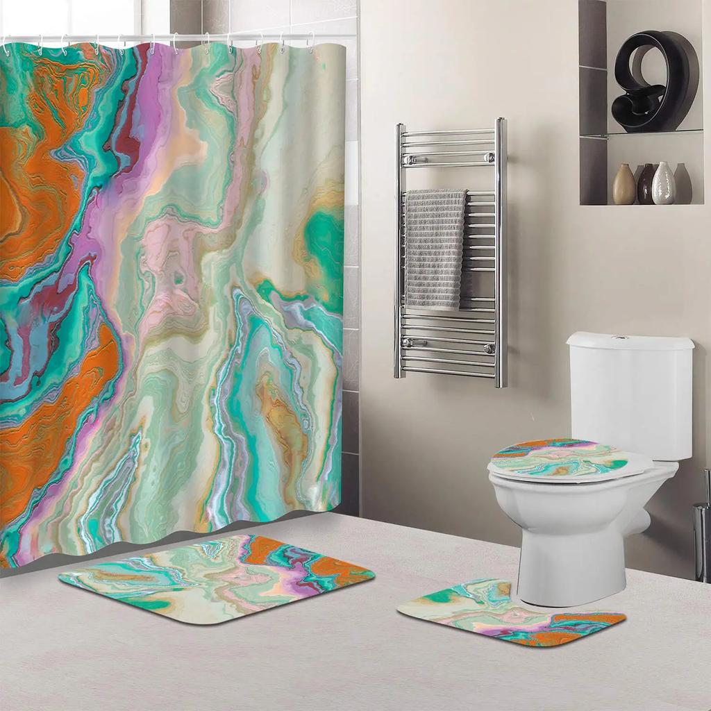 Watercolor Multi-Color Flowers Shower Curtain Sets Non-Slip Rug Toilet Lid Cover Bath Mat Waterproof Abstract Bathroom Curtains