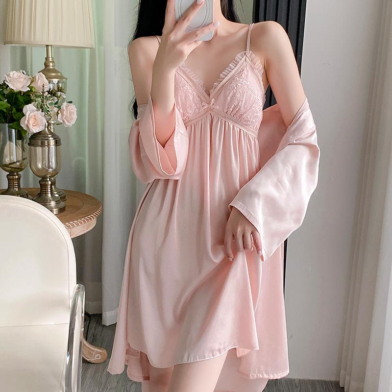 2025 Satin Spring/Autumn Pajamas: Sexy Women's Nightdress & Lace Homewear Set with Chest Pad In Ice Silk
