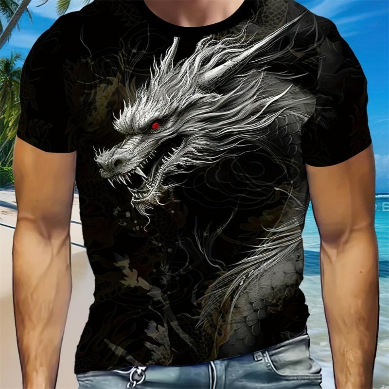 3D Digital Animation Style Roaring Dragon Pattern Round Neck Short Sleeve T Shirt Fashion Cool Men's Summer Streetwear Tops