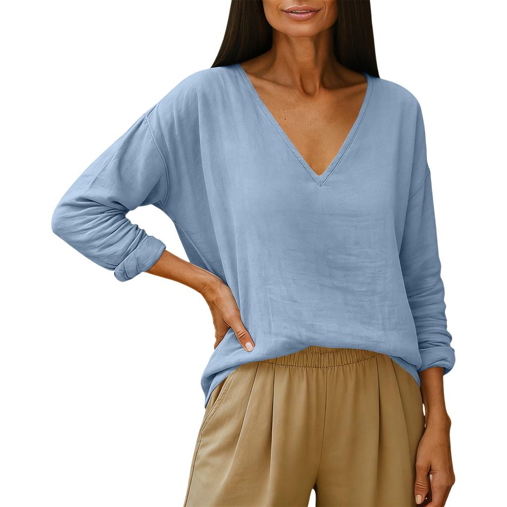 Damen Baumwolle Langarm Oberteile Lässiger Lockerer Schnitt V-Ausschnitt Leinenhemden